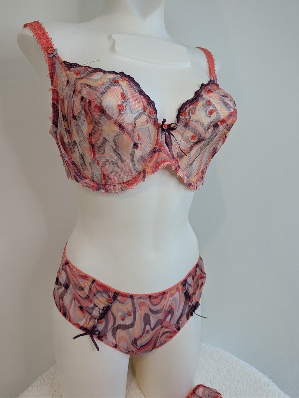 NWT Freya Coral Mesh Embroidered Lingerie Set Bra 36E Panties/Thong Size L